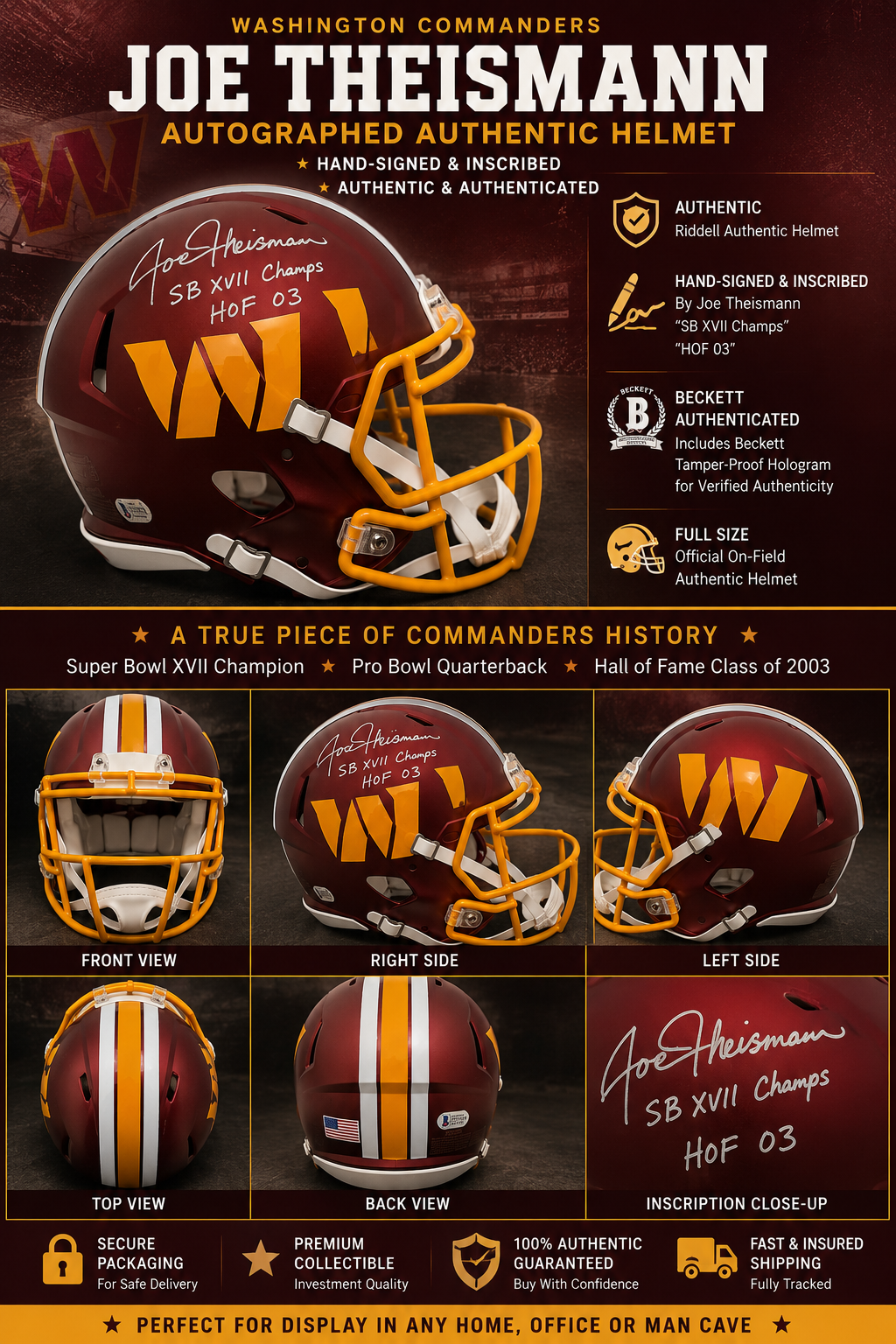 Joe Theismann Autographed Washington Commanders Authentic Helmet | SB XVII MVP Inscription | Beckett Witness Authenticated