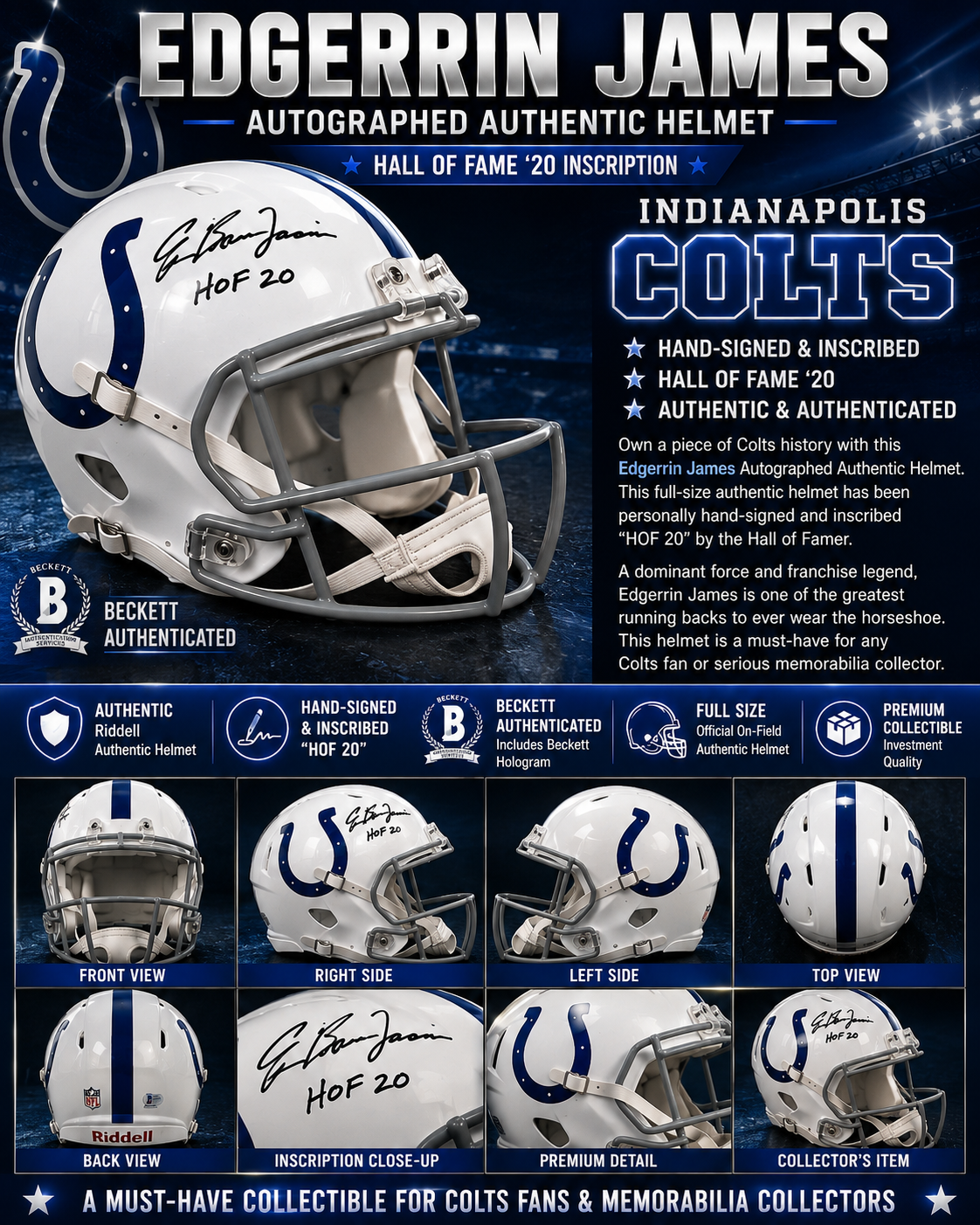 Edgerrin James Autographed Indianapolis Colts Full-Size Replica Helmet #20 Inscription | Authenticated