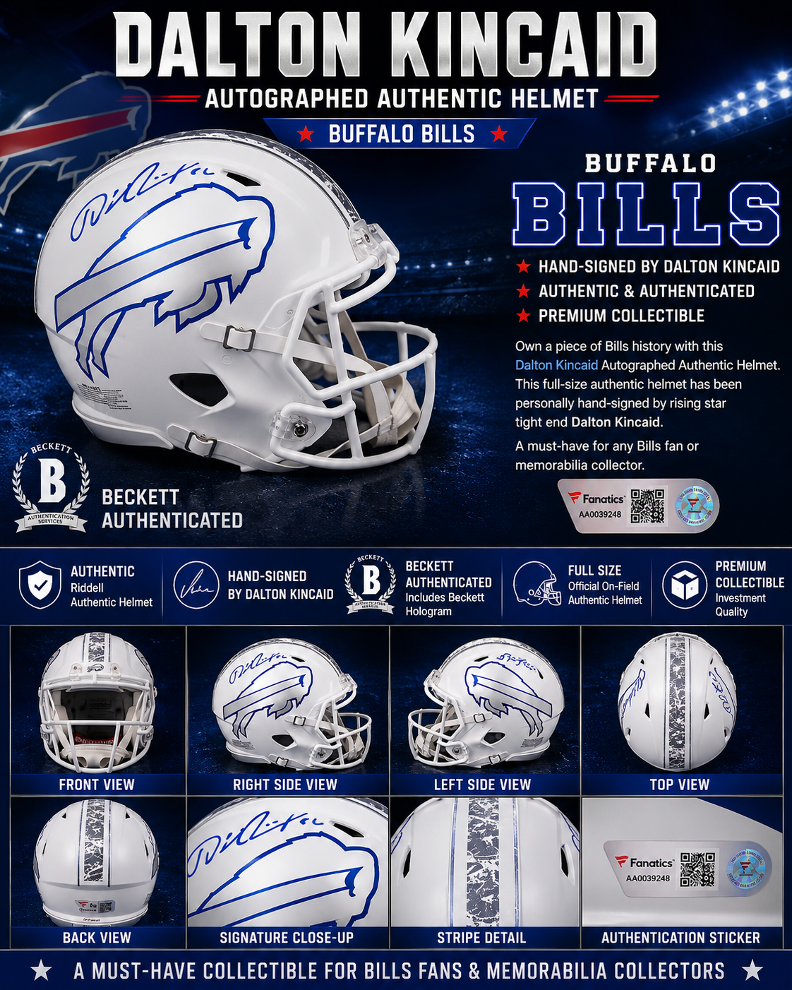 Buffalo Bills Eclipse Alternate Full-Size Helmet signed by Dalton Kincaid