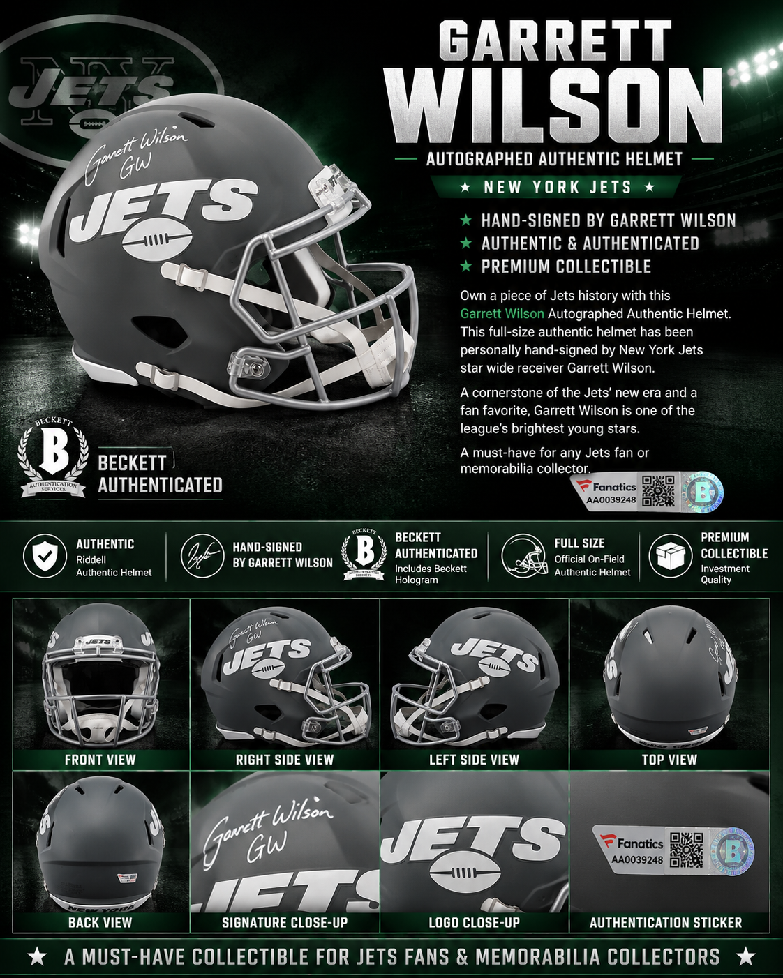 Garrett Wilson Autographed New York Jets Stealth Alternate Full-Size Replica Helmet | Fanatics Authenticated