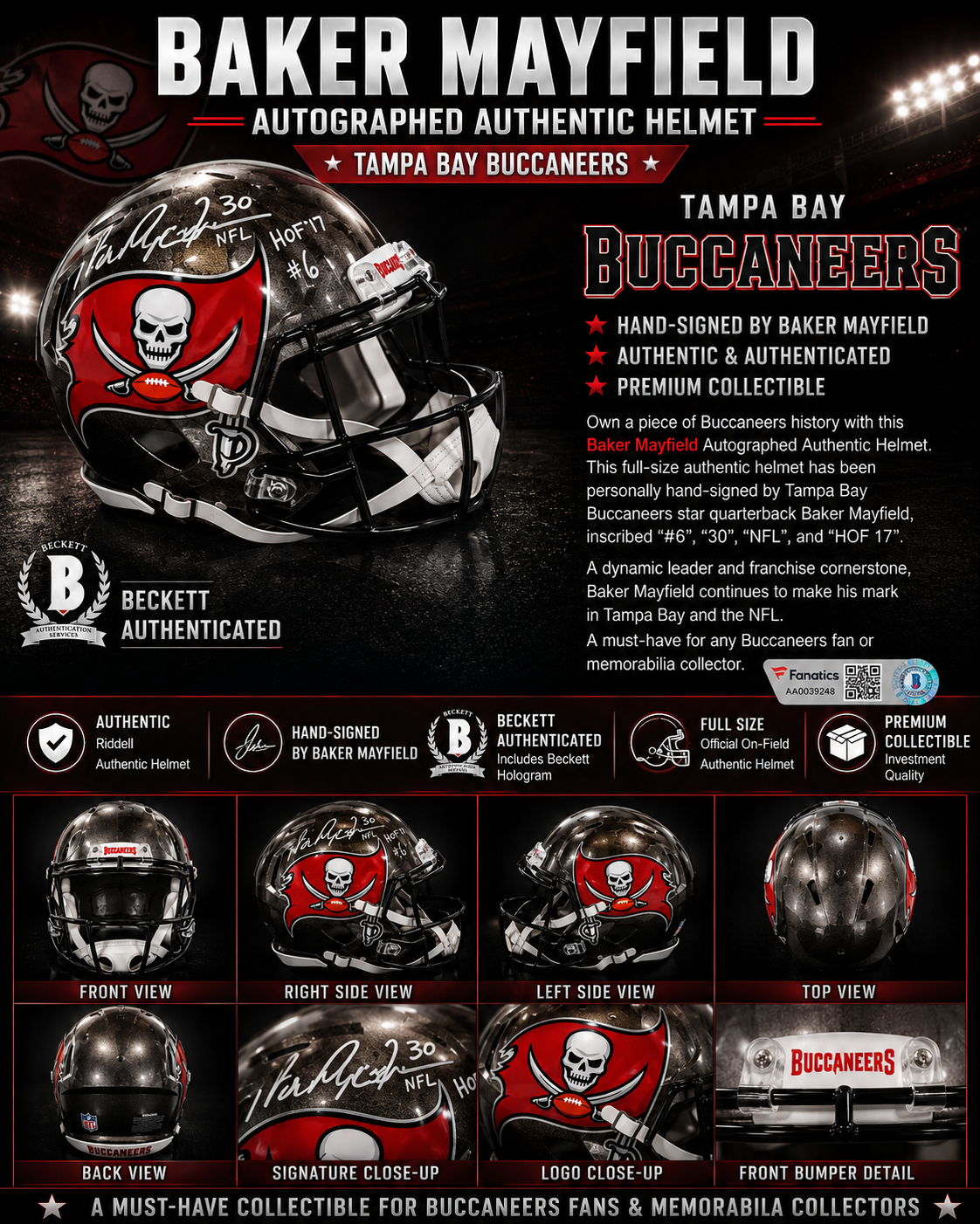 Baker Mayfield Signed Tampa Bay Buccaneers Authentic Full-Size Helmet | Beckett Witness Authenticated