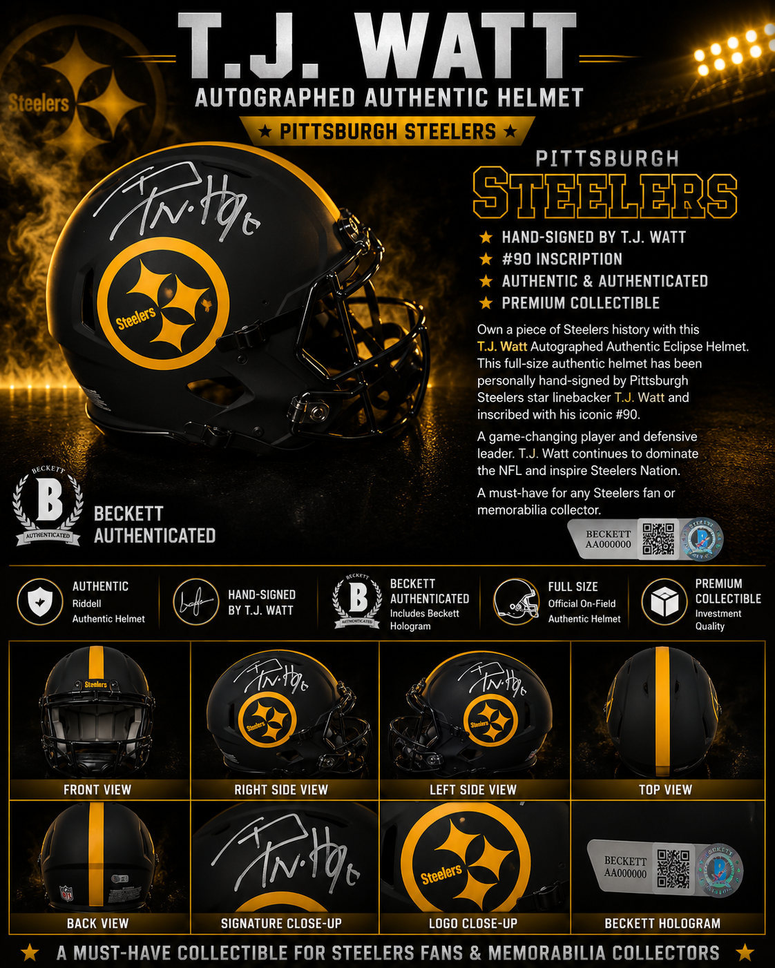 T.J. Watt Signed Pittsburgh Steelers Authentic Full-Size Helmet #90 Inscription | Beckett Authenticated