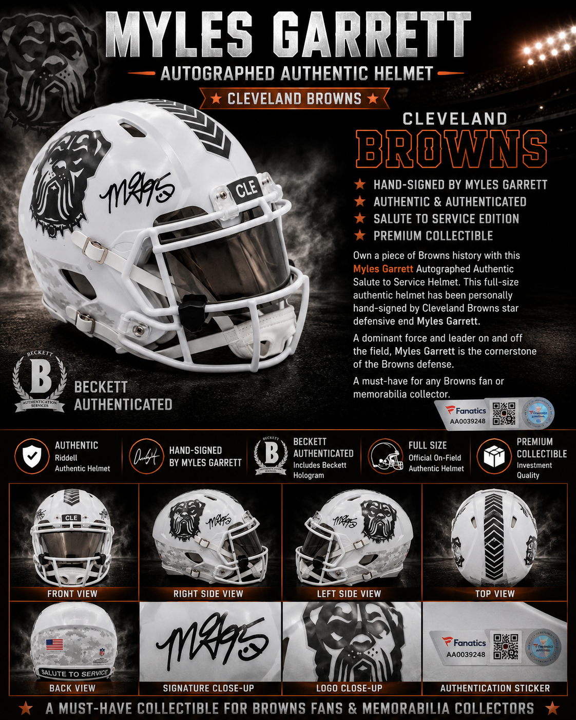 🔥 MYLES GARRETT AUTOGRAPHED CLEVELAND BROWNS SALUTE TO SERVICE AUTHENTIC HELMET 🔥