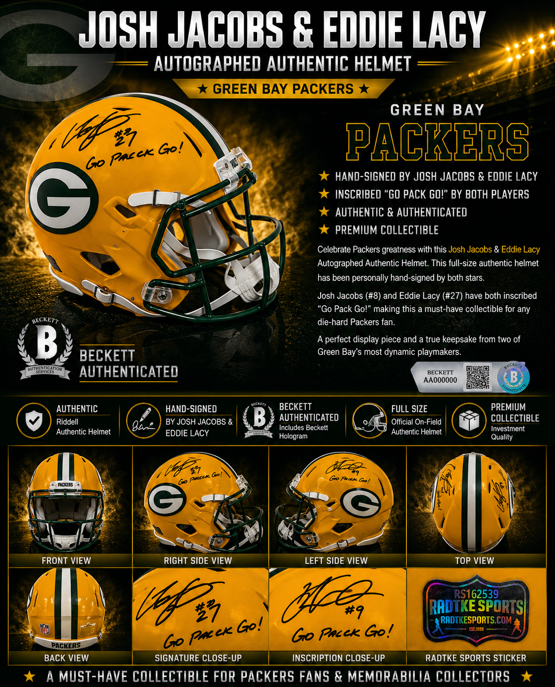 🏈 Green Bay Packers Dual-Signed Riddell Replica Helmet - Josh Jacobs & Eddie Lee Ivery Autographed | Double Inscribed | Authenticated