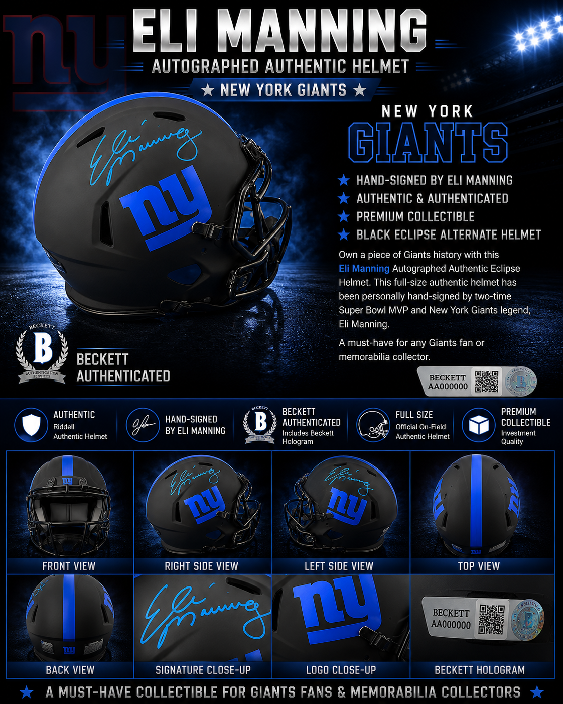 🏈 Eli Manning Signed New York Giants Eclipse Alternate Helmet – Two-Time Super Bowl MVP