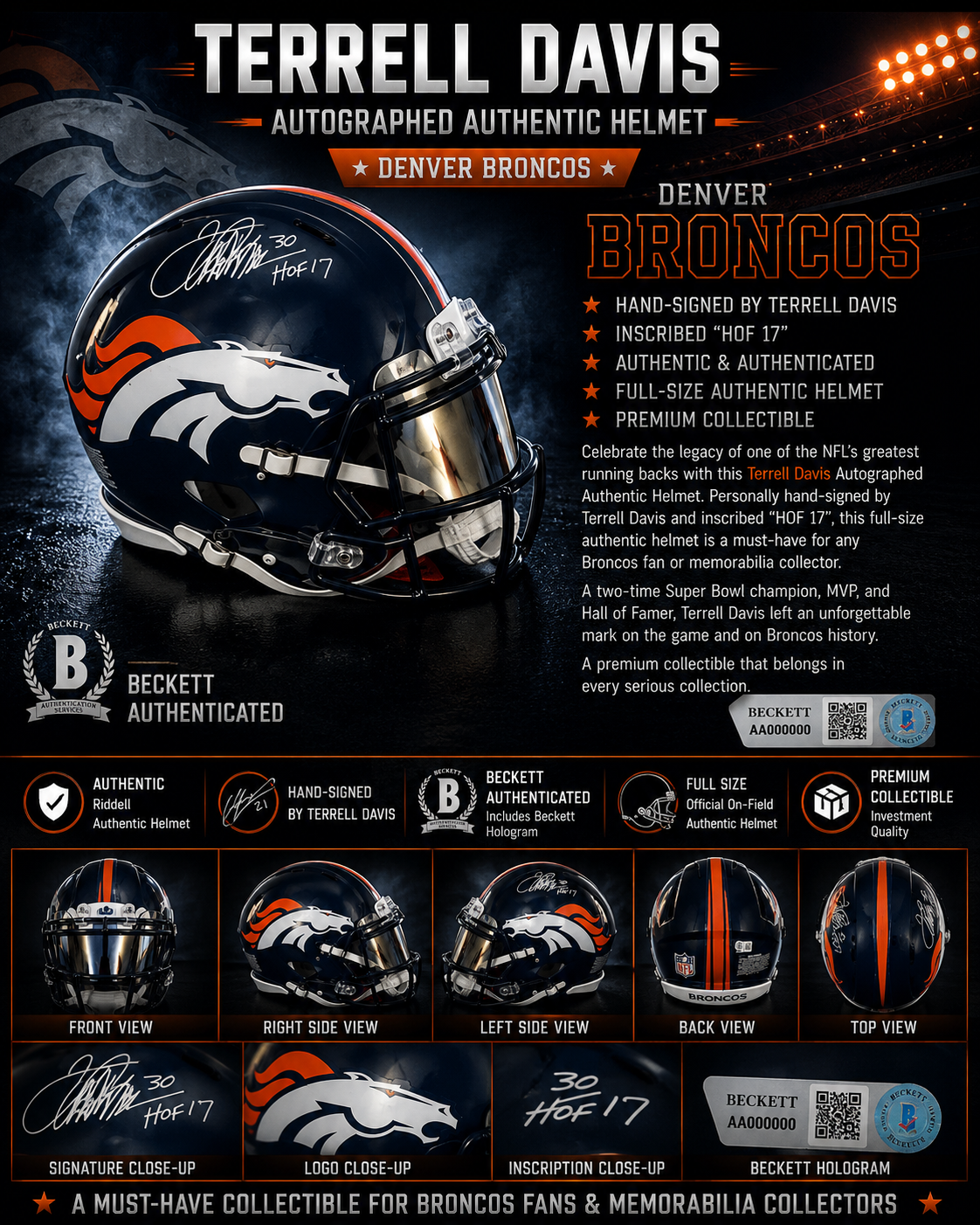Terrell Davis Signed Denver Broncos Full Size Helmet w/ HOF 17 Inscription & Mirrored Visor – Authenticated