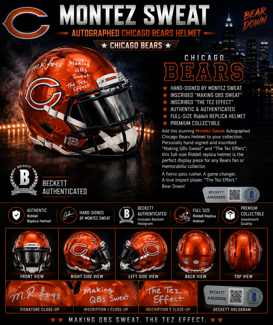 MONTEZ SWEAT AUTOGRAPHED CHICAGO BEARS AUTHENTIC ORANGE CHROME HELMET "MAKING QB'S SWEAT" • "THE TEZ EFFECT" AUTHENTICATED