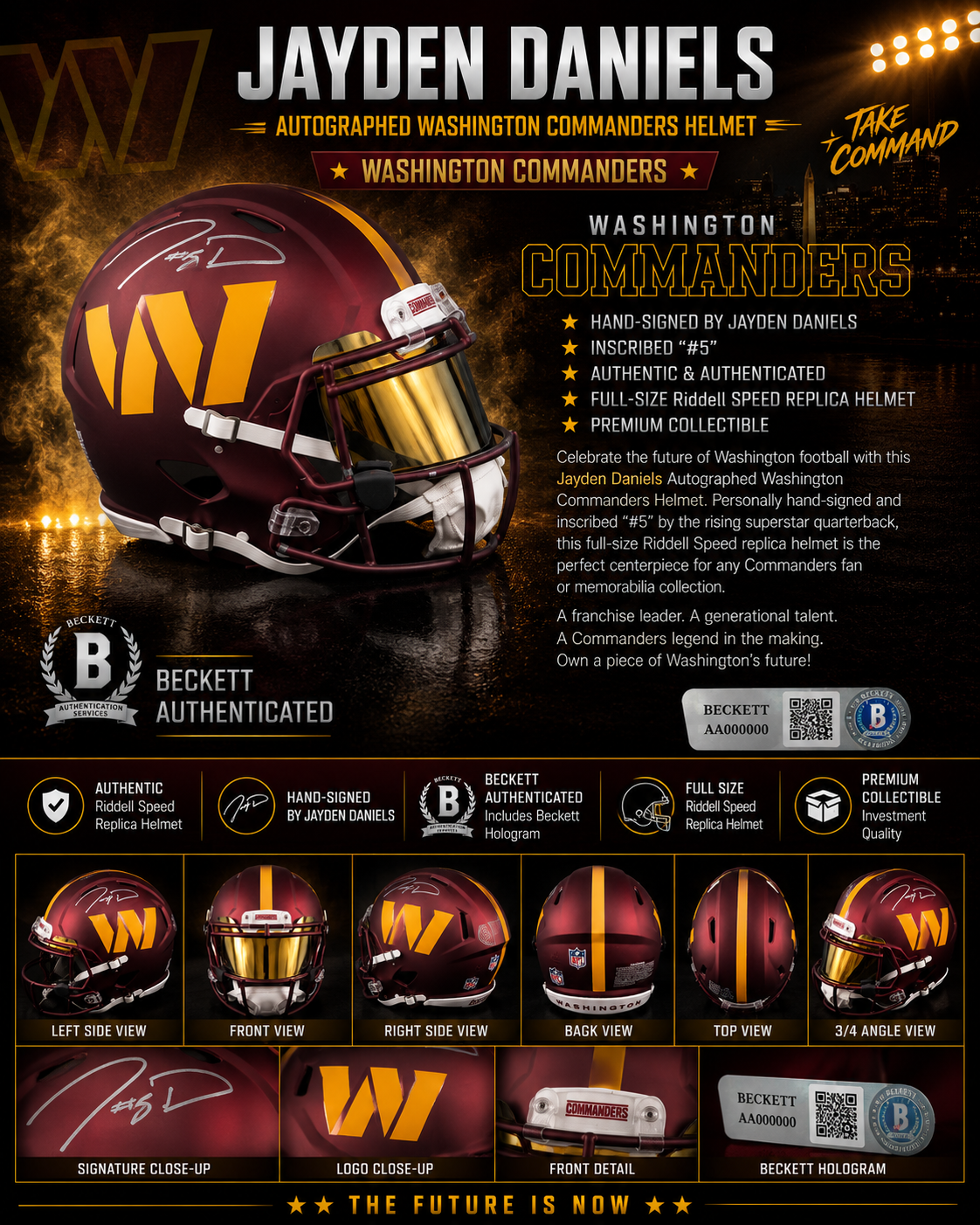 Jayden Daniels Autographed Washington Commanders Authentic Full-Size Helmet w/ Gold Mirrored Visor – Authenticated NFL Memorabilia