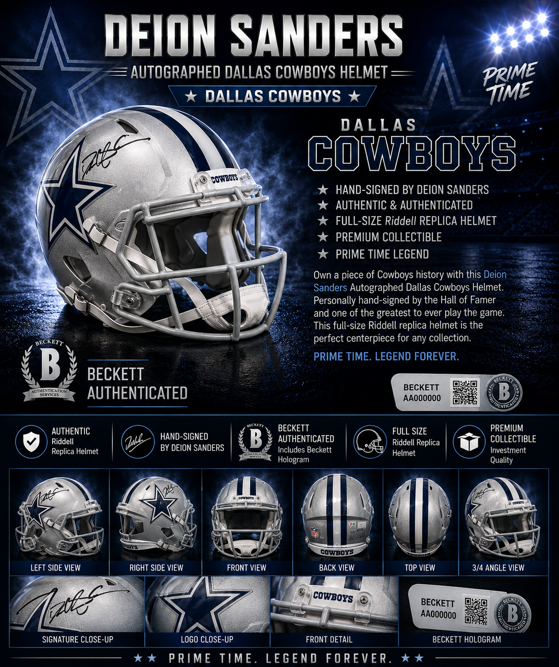 Deion Sanders "Prime Time" Autographed Dallas Cowboys Authentic Speed Helmet | Fanatics Authenticated