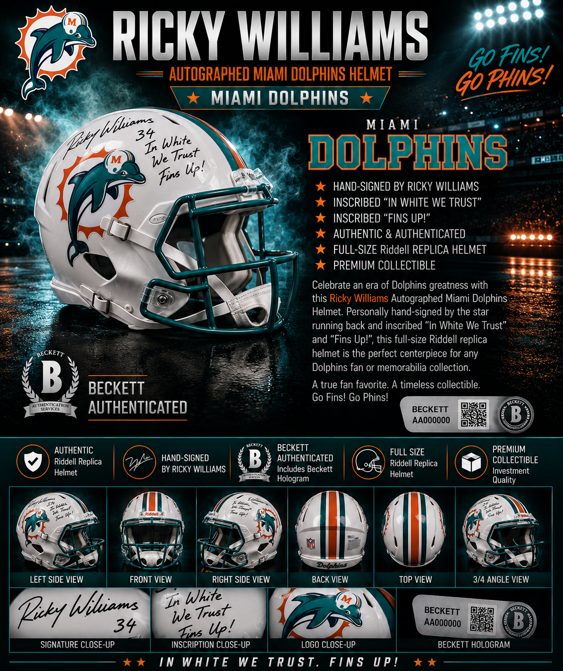 Ricky Williams Autographed Miami Dolphins Authentic Full-Size Helmet | "Ruff Ruff Run" Inscription | Authenticated Collectible