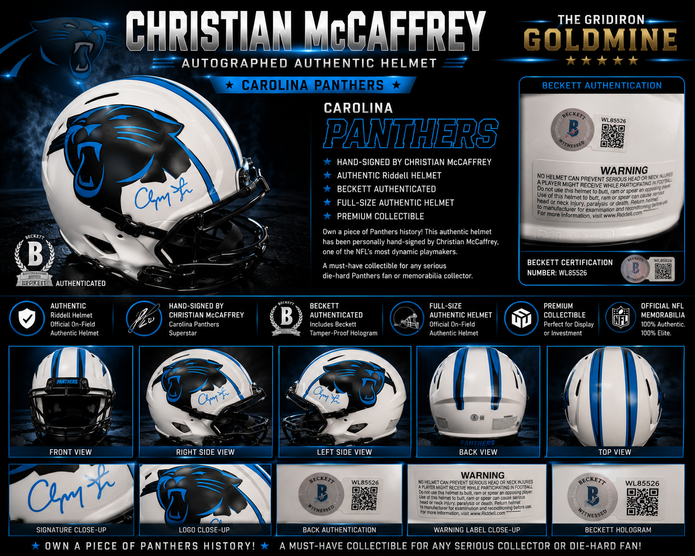 Christian McCaffrey Signed Carolina Panthers Authentic Riddell Full-Size Helmet | Beckett Authenticated | NFL Collectible
