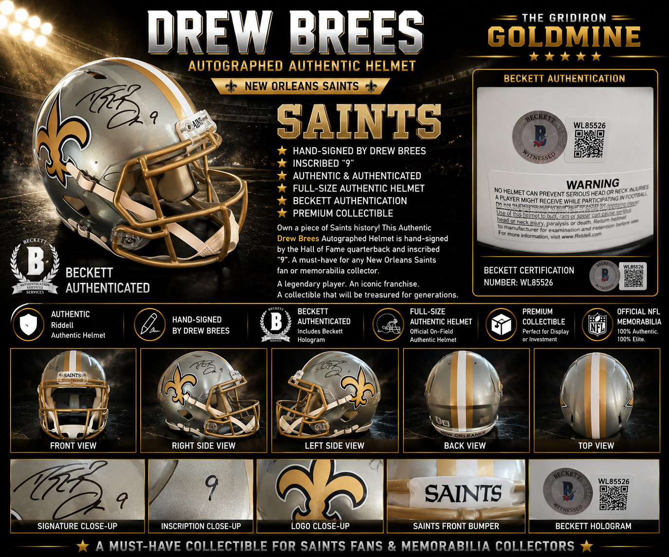 Drew Brees Autographed Full-Size Authentic New Orleans Saints Helmet | Beckett Authenticated
